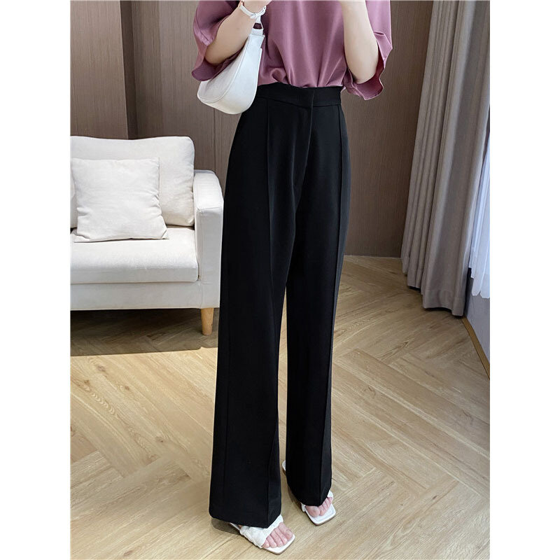 Black Straight Suit Pants Mulheres 2023 Wide-leg Calças Primavera Outono pendulares Drape Slim Casual Long High Waist Office Lady