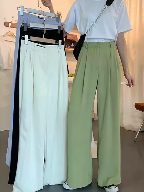 2022 Summer Loose Casual Long Women Fashion Thin High Waist Pants Black Simple Wide-leg Pants Trousers Korean