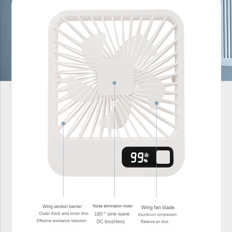 디지털 데스크탑 편리한 가정 학생 기숙사 사무실 음소거 휴대용 다기능 충전 미니 선풍기, 흰색