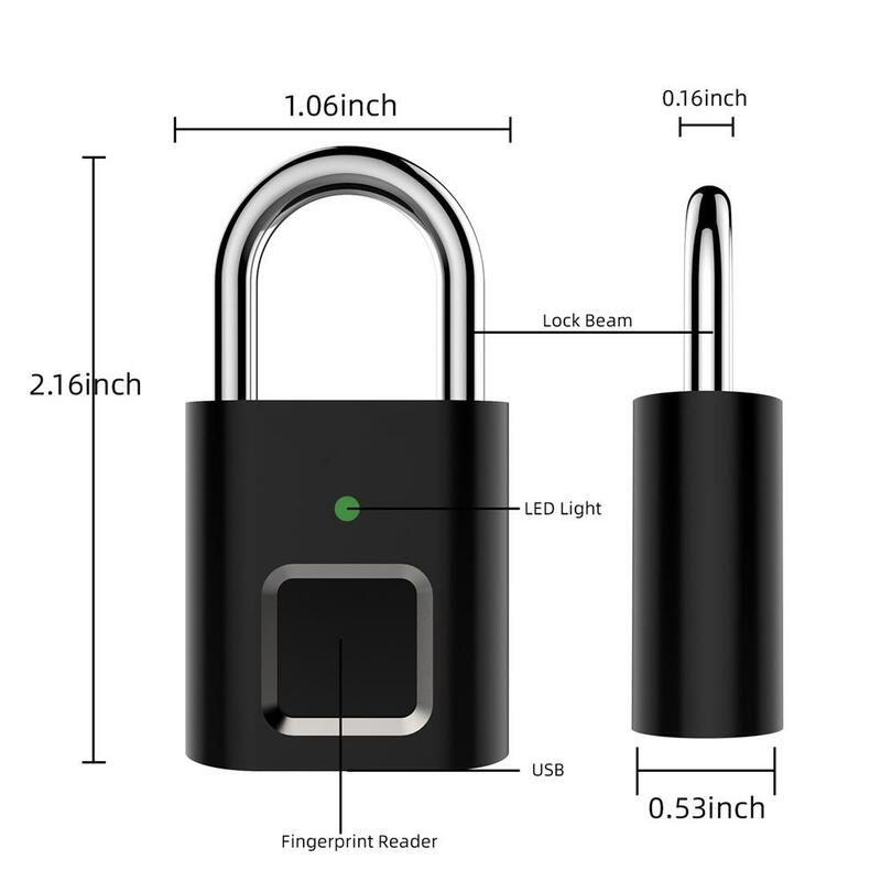 Fingerprint Padlock Biometric Keyless Thumbprint Digital Electronic Lock Rechargeable For Luggage Bookcase Suitcase Backpack