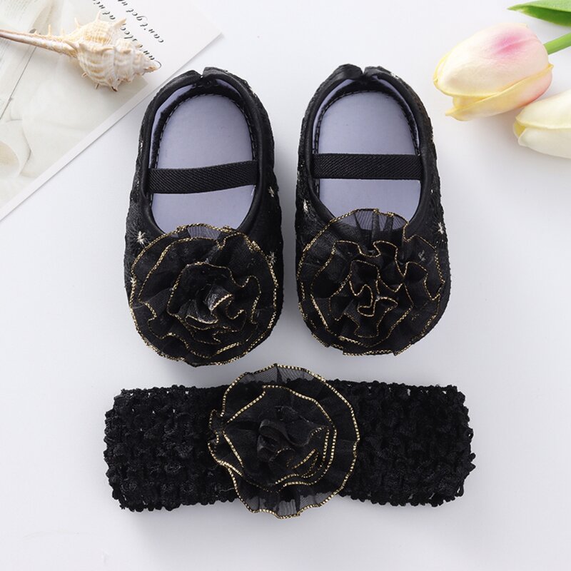 Weixinbuy-zapatos de princesa lisos de encaje a la moda, banda para el pelo para niña encantadora + conjunto de zapatos con hebilla, Color sólido, primeros pasos 0-12 meses