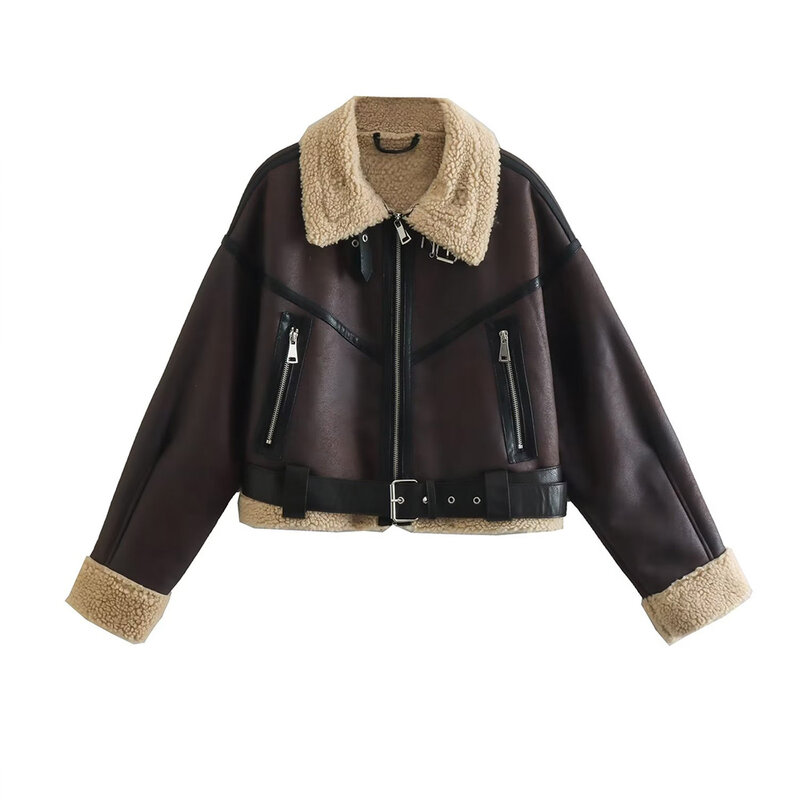 Bm & md & za 2022 moda inverno duplo lado curto com cinto solto jaqueta casaco vintage manga longa feminino outerwear