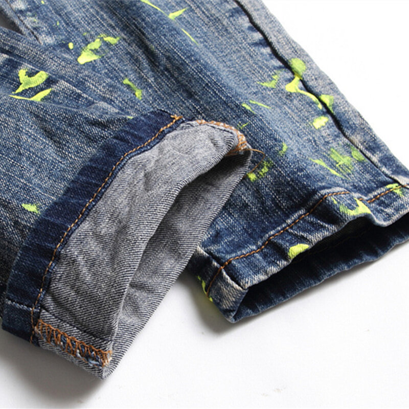 Pintura masculina bordado jeans 2022 nova primavera magro calças de estiramento hip hop azul calças mid-rise calças casuais