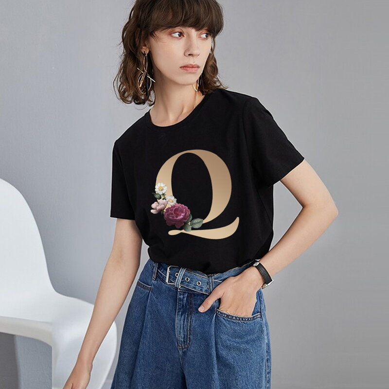 المرأة الصيف قميص أسود 26 الإنجليزية إلكتروني سلسلة الطباعة رداء علوي سليم عادية موضة Harajuku تي شيرت نسائي بأكمام قصيرة