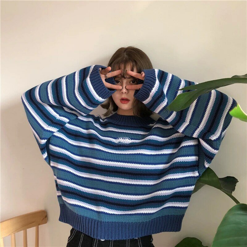 Clarissa-스웨터 블루 & 화이트 스트라이프 오버사이즈 점퍼 자수 모의 넥 크롭 풀오버, 하라주쿠 여성 스웨터