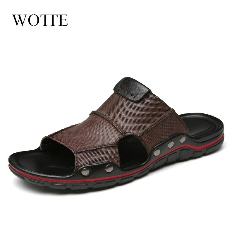 Summer Men Slippers Clogs Genuine Leather Breathable Flat Sandals Shoes Beach Classics Leather Mens Slippers Outdoor Flip Flop