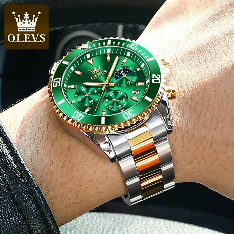 OLEVS Multifunktionale Drei-auge Quarz Uhren für Männer Edelstahl Band Mode Wasserdicht Männer Armbanduhren Luminous