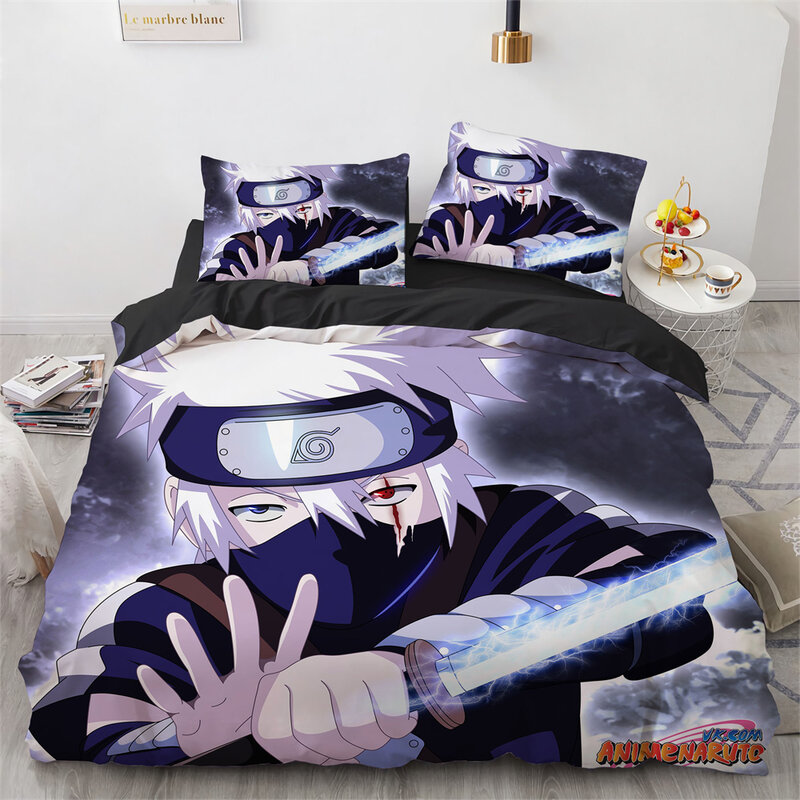 Juego de cama de Naruto Uzumaki Uchiha, funda de edredón con funda de almohada, estampado en 3D para dormitorio de niños, tamaño Queen y King, textil para el hogar