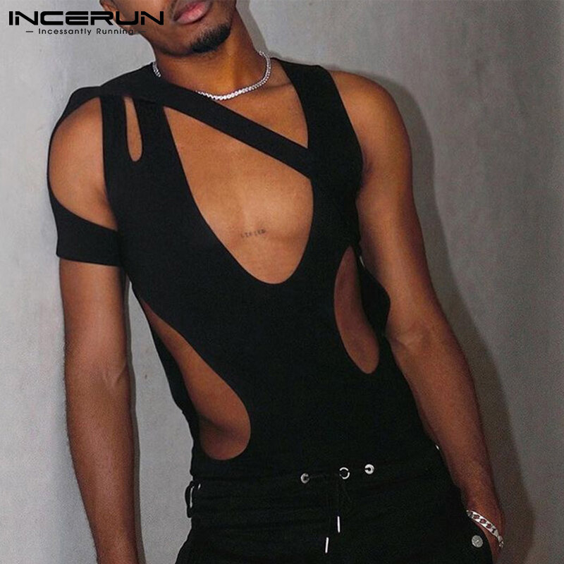 INCERUN 2022 Comfortable Homewear Men's Cross Design Onesies Stylish Male Hollow Out Sleeveless U-Neck Triangle Bodysuits S-5XL
