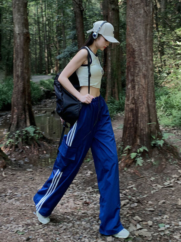 Y2K paski patchworkowe spodnie Cargo kobiety wysoki stan szerokie nogawki joggery luźne spodnie spadochronowe Streetwear luźne hiphopowe spodnie dresowe