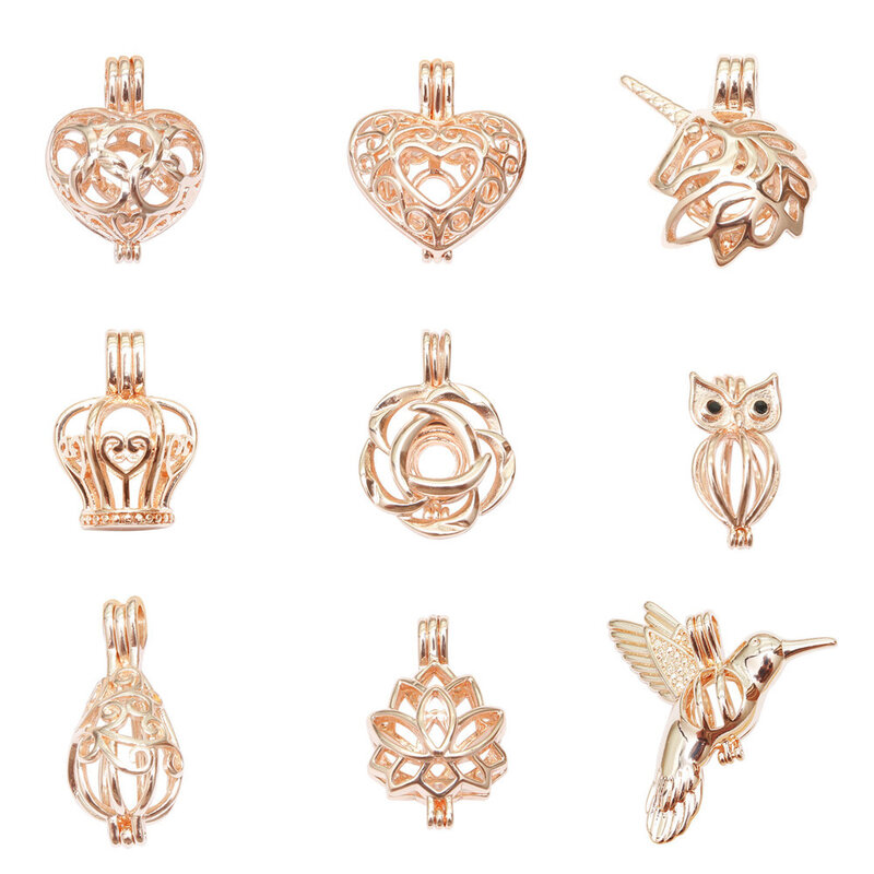 10pc Rose Gold Mixed Pearl Cage Locket Pendants Aromatherapy Mermaid Essential Oil Diffuser Necklace Locket For DIY Jewelry
