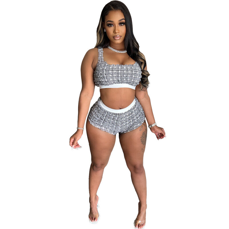 Fitness Women 2 Piece Set Waffle Texture Sleeveless Crop Tank Top Cycling Shorts Matching Set Sexy Night Club Party Tracksuit
