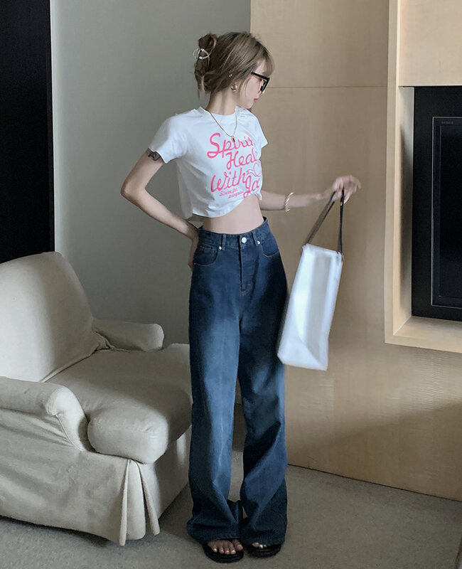 N3256   New retro Hong Kong style all-match high-waisted loose wide-leg straight-leg mopping pants jeans