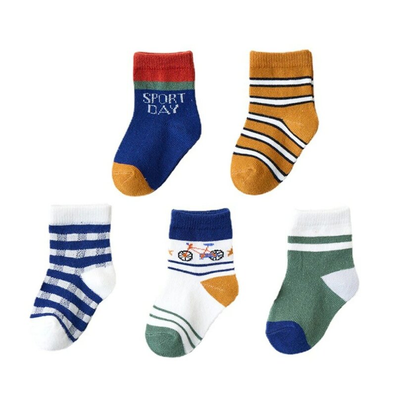 5 paia di calzini a tubo medio per bambini primavera autunno calzini geometrici casuali Unisex 1-12Y accessori per bambini in cotone dolce