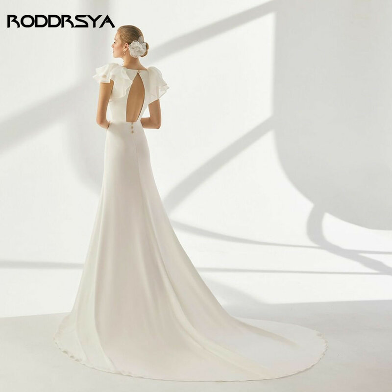 Rodrsya – robe De Mariée sirène en Satin, style Boho, Simple, Sexy, col en v, à volants, mancherons, dos ouvert