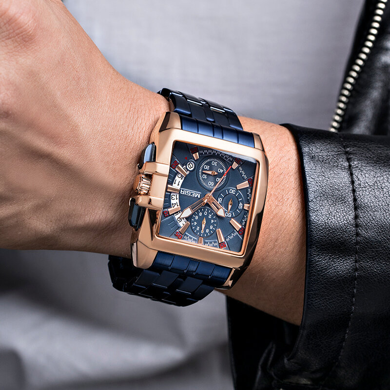 Часы наручные MEGIR Мужские кварцевые, брендовые Роскошные водонепроницаемые спортивные с синим ремешком из нержавеющей стали