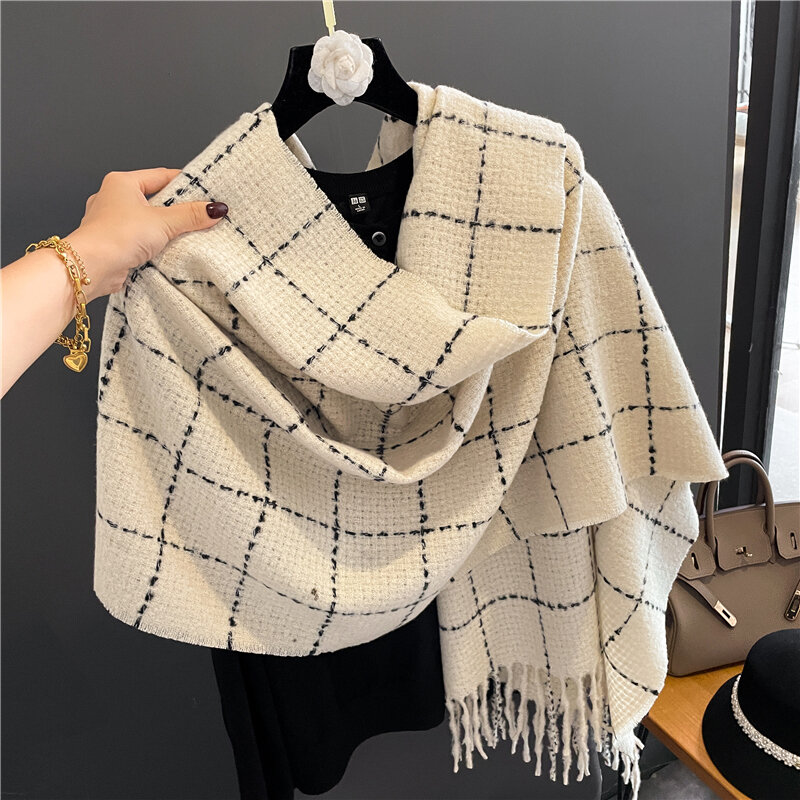 Elegante xadrez quente cachecol de caxemira para mulheres design inverno grosso neckerchief macio xales e envoltórios bufandas feminino echarpe 2022