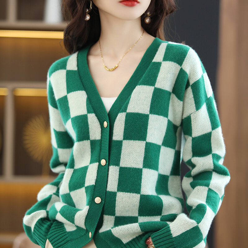 Cárdigan de lana 100% para mujer, suéter de Cachemira de manga larga, grueso, con cuello en V, abrigo holgado