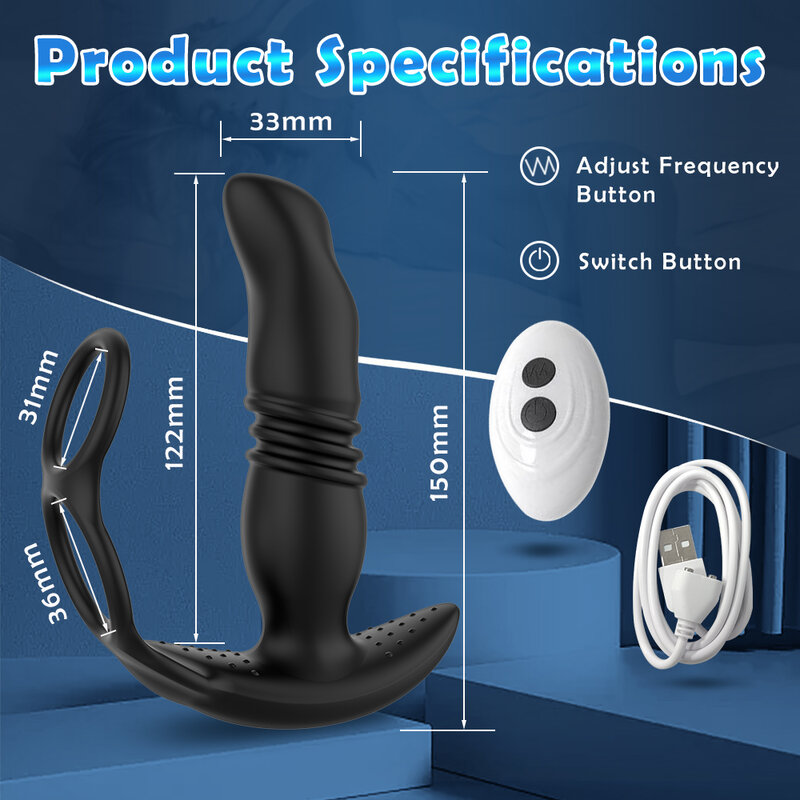 Telescopic Anal Vibrator for Men Prostate Massage Butt Plug Double Ring Delay Ejaculation Penis Ring Sex Toys for Men