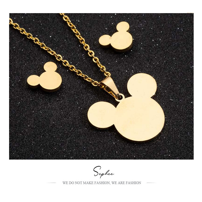 Gold Disney Mickey สร้อยคอต่างหูเครื่องประดับชุดสัตว์การ์ตูนจี้สร้อยคอต่างหูเครื่องประดับจุด