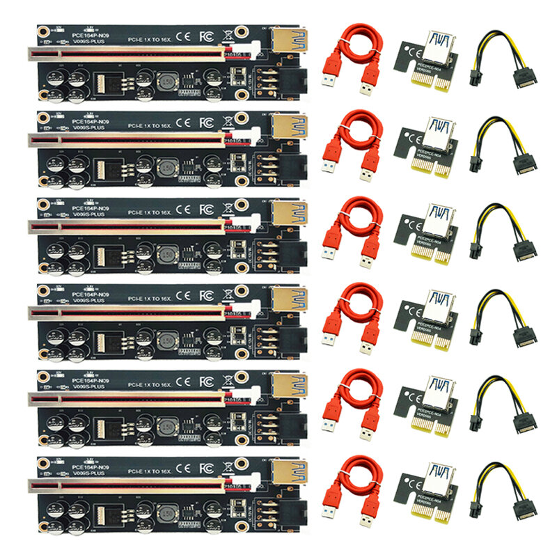 Tarjeta adaptadora PCI-E 1X a 16X para minería de GPU, Cable de extensión USB 3,0, 6 piezas