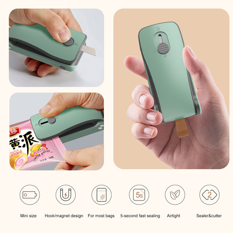 Mini Bag Sealer Handheld Warmte Sealer Met Cutter 3-Gear Temperatuur Instellingen Voedsel Opslag Sluitmachine Keuken Accessoires