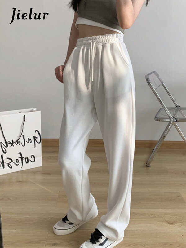 Jielur-Pantalones deportivos blancos rectos de pierna ancha para mujer, pantalón informal de cintura alta, sueltos, finos, primavera y otoño, nuevo estilo