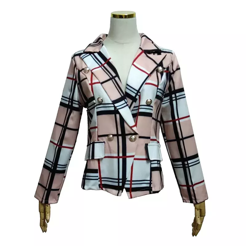 Houndstooth Print Blazer Ladies Casual Double Breasted Long Sleeve Blazers Lady Fashion Suit Collar Long Sleeve Women Coat