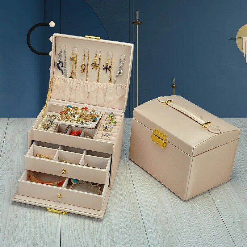 Kotak Organizer perhiasan 3 lapis, kotak penyimpanan kulit kapasitas besar perhiasan casing tampilan kalung anting-anting