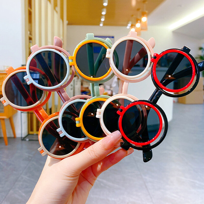 Children Sunglasses Retro Solid Round Frame Flip Sun Glasses Fashion Boys Girls Uv-Protection Shades Kids Eyewear Uv400