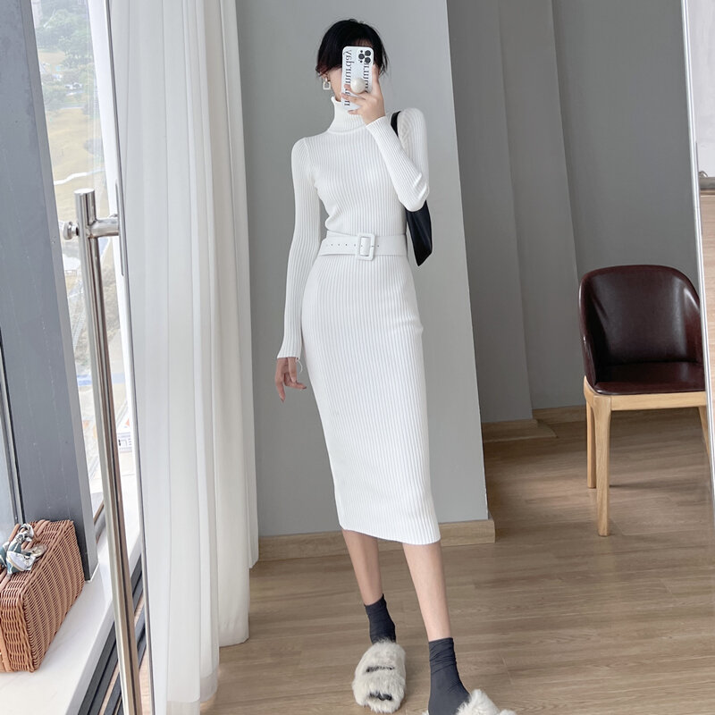 Осенняя одежда Wisher & Tong 2022, женское вязаное платье, белое вязаное платье с длинным рукавом и высоким воротом, корейское Элегантное Длинное пл...
