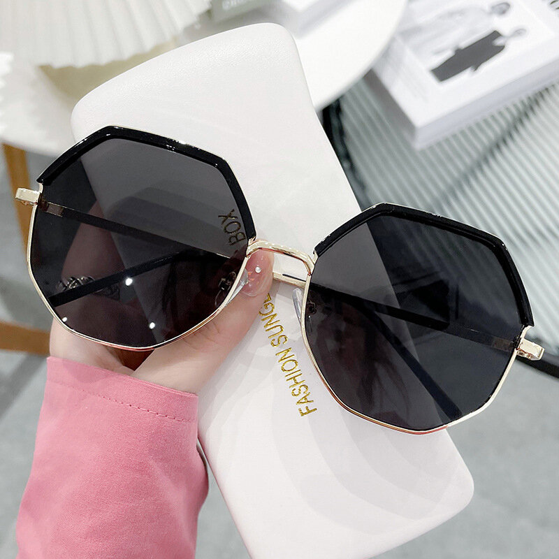 여성용 패션 그라디언트 선글라스 UV400, 다각형 금속 대형 프레임, 개성 있는 올 매치 스트리트 스타일 선쉐이드 안경