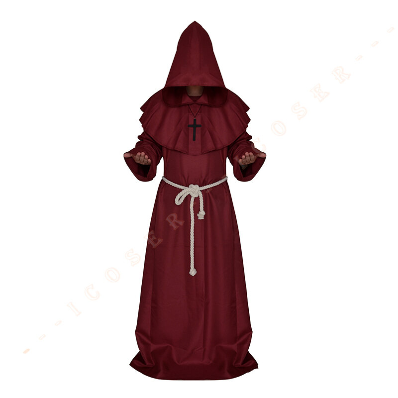 Medieval Halloween Cosplay Costume Christian Priest Uniform Hooded Monk Robe Wizard Friar Robe Ghost Devil Cloak Party Outfit