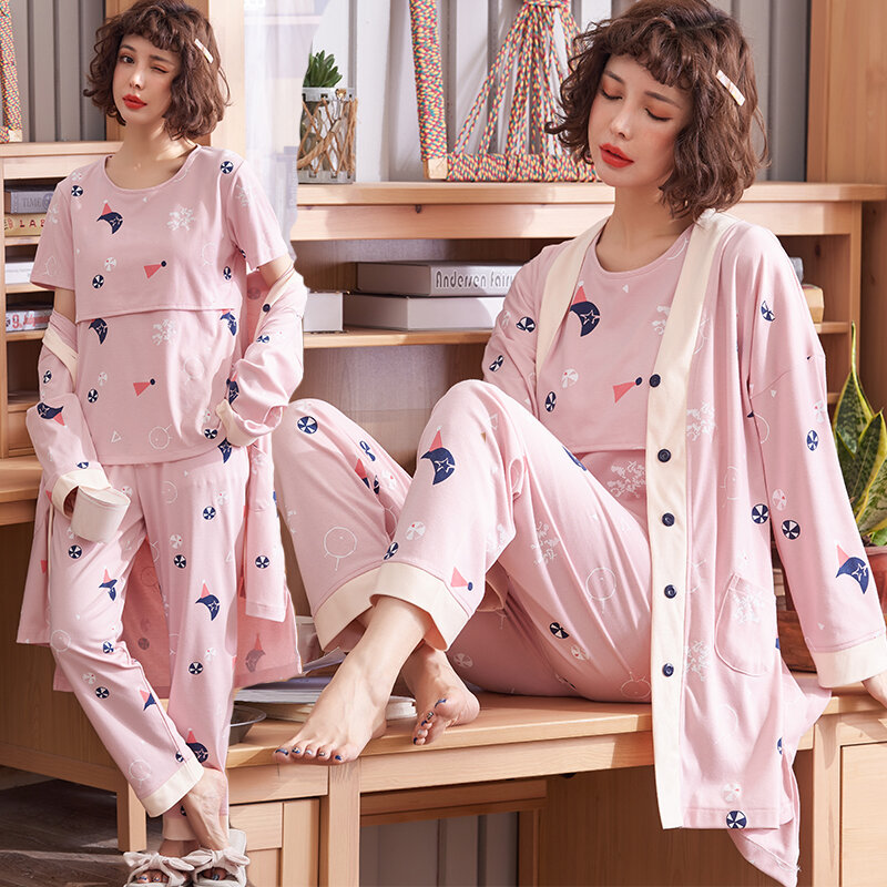 8220# 3 PCS Set Printed Cotton Maternity Nursing Nightwear Spring Fashion Sleepwear for Pregnant Women Autumn Pregnancy Pajamas