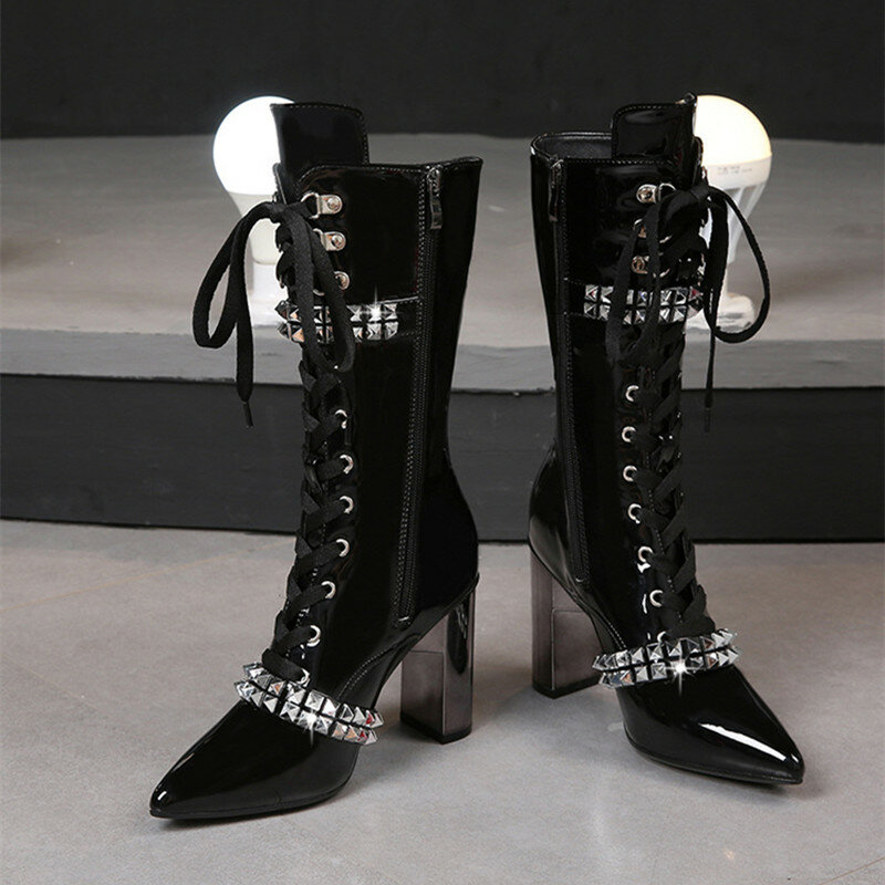 High Heel Pointed Patent Leather Knight Boots Nightclub Party European and American Fashion Sexy Four Seasons New Women's Boots