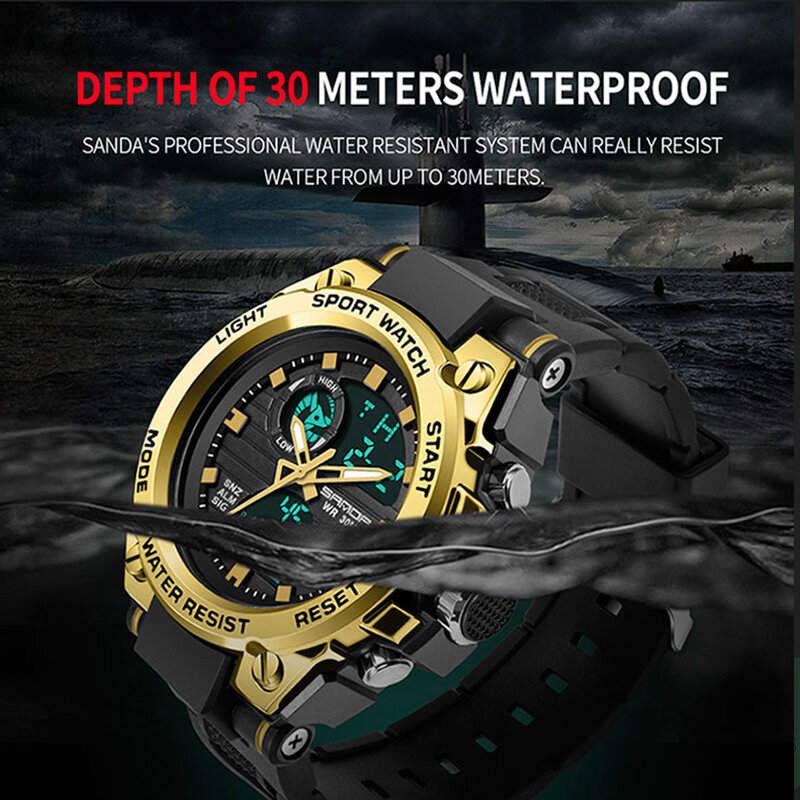 SANDA G Style Men Sports Watches Dual Display Analog Digital LED Electronic Quartz Watches Waterproof Swimming Military Watch
