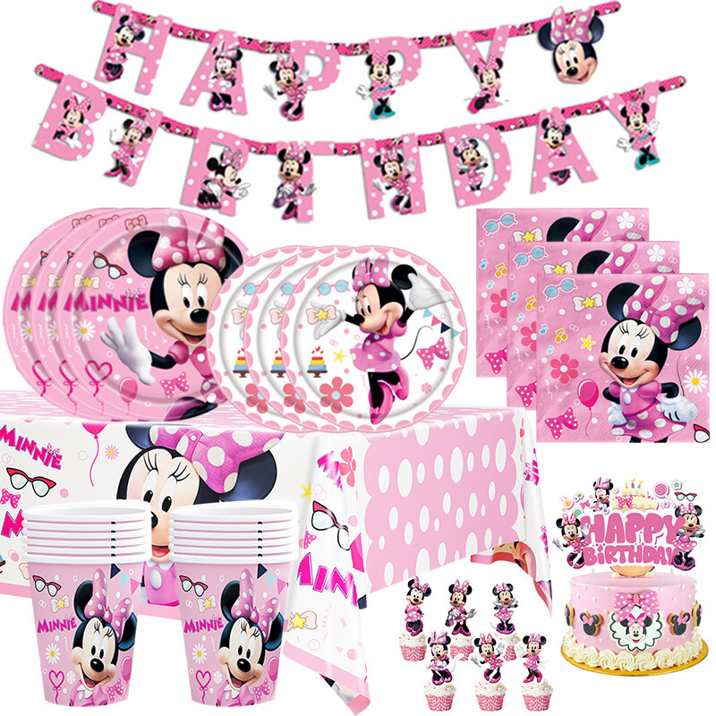 Decoración de fiesta de cumpleaños con temática de Minnie Mouse, suministros para Baby Shower, vasos, platos, servilletas, manteles, vajilla desechable para fiesta