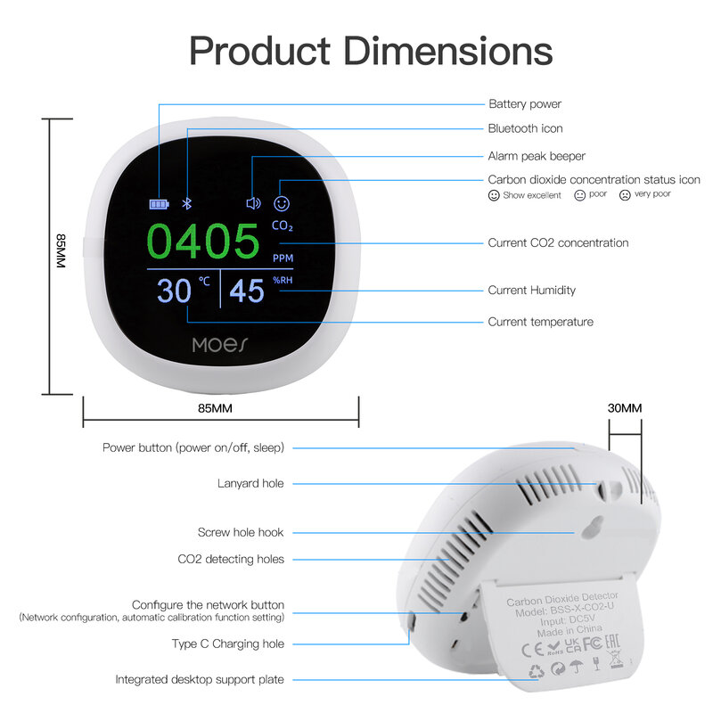 Bluetooth Smart 3 w 1 detektor dwutlenku węgla Monitor jakości powietrza czujnik temperatury i wilgotności przenośny miernik z płytą nośną
