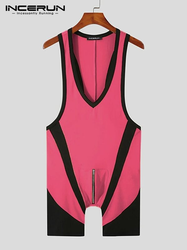 Modieuze Loungewear Nieuwe Mannen Hot Koop Mouwloze Jumpsuit Stijlvolle Casual Mannelijke V-hals Splicing Zip Bodysuits S-5XL Incerun 2023