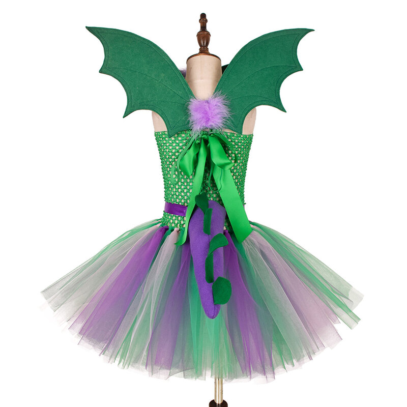 네 조각 여자 공주 드레스 동물 공룡 패턴 할로윈 코스프레 의상 녹색 투투 드레스, 생일 파티 Vestidos