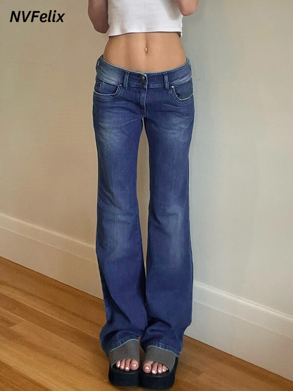 Women's Flared Jeans Low Waist Denim Pants Vintage Stretch 90s Streetwear Y2k Boot Cut Pant Elastic Skinny Mom Jeans Trousers