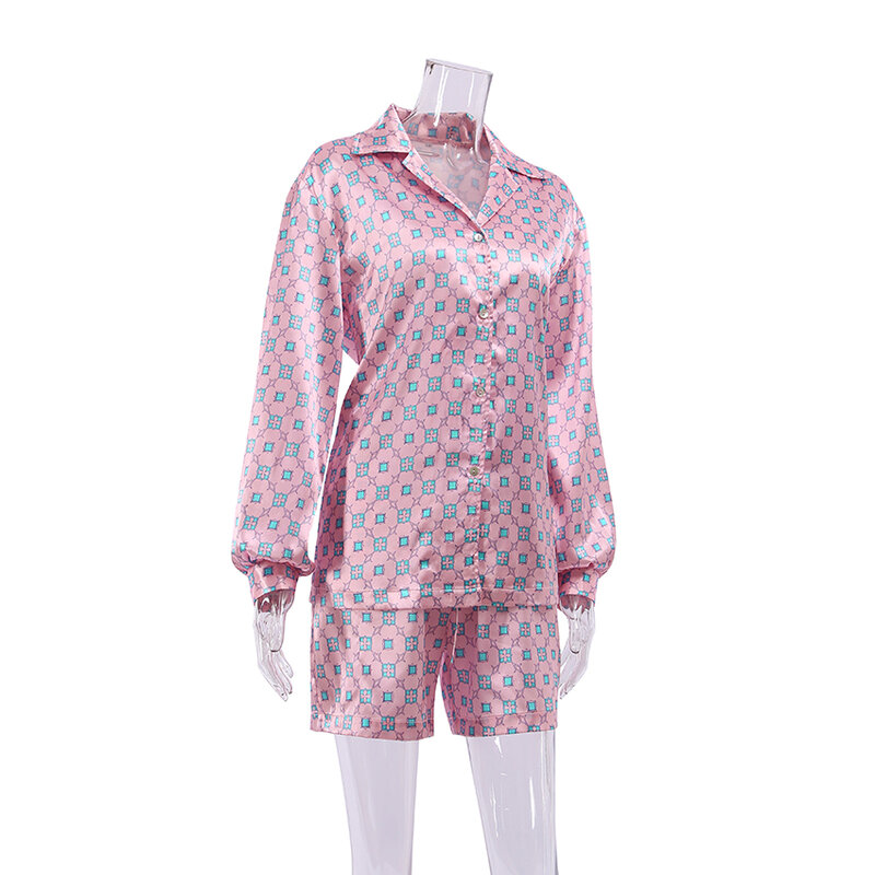 2022 Autumn European and American Long-Sleeved Printed Plaid Pajamas Ice Silk Comfortable Shorts 2-Piece Ladies