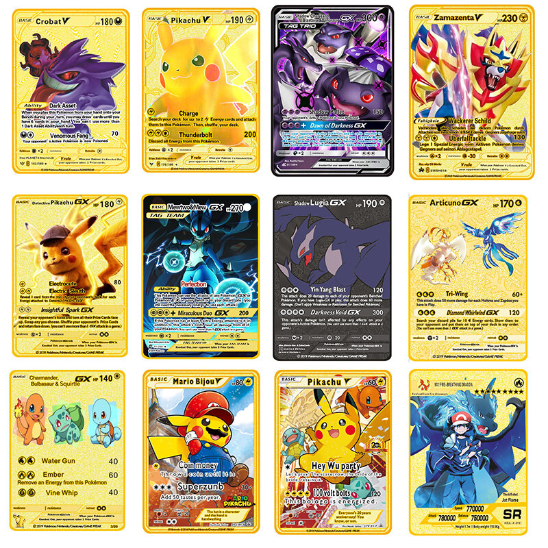 Pokemon metal pikachu cartões inglês vmax mewtwo charizard blastoise coleção cartão brinquedos presentes para crianças