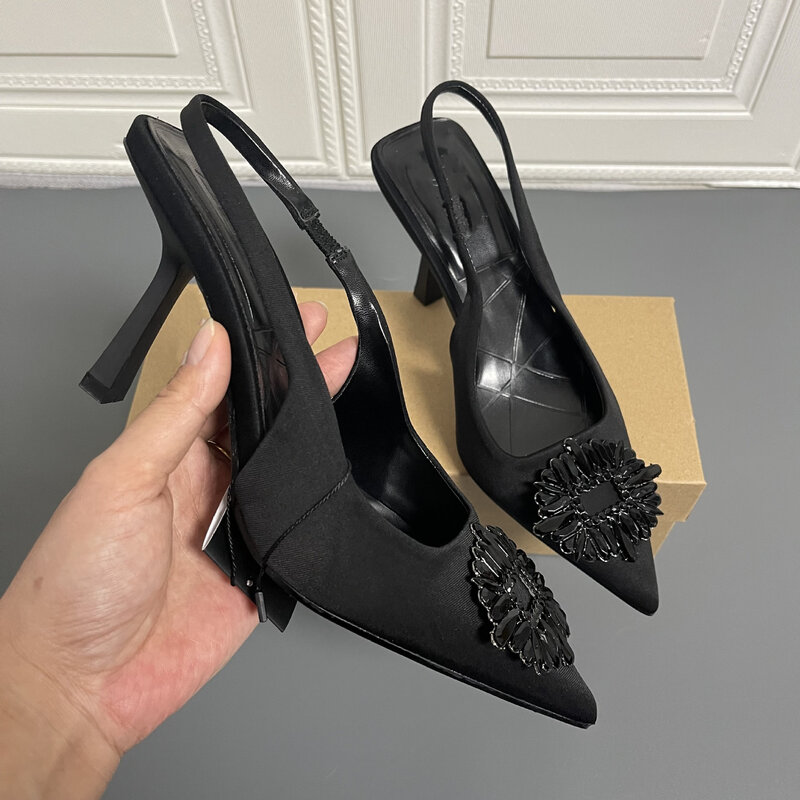 Sapatos femininos 2022 primavera novo preto boca rasa elástico strass apontou toe muller sandálias de salto alto