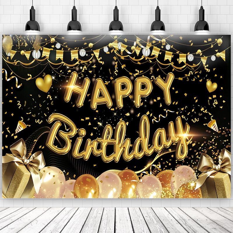 Ouro preto feliz aniversário pano de fundo banner balão estrela poster cabine fundo aniversário fotozona fundo da parede decoração festa