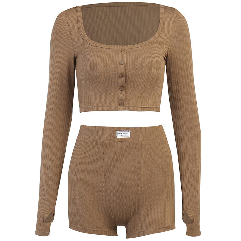 Casual u-neck aberto botão shorts definir outono moda feminina alta cintura elástica mangas compridas duas peças