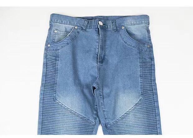 Męskie rozciągliwe motocyklowe obcisłe dżinsy rurki Hip-hop niebieskie dżinsy osobowości plisowane szwy stóp spodnie do tańca