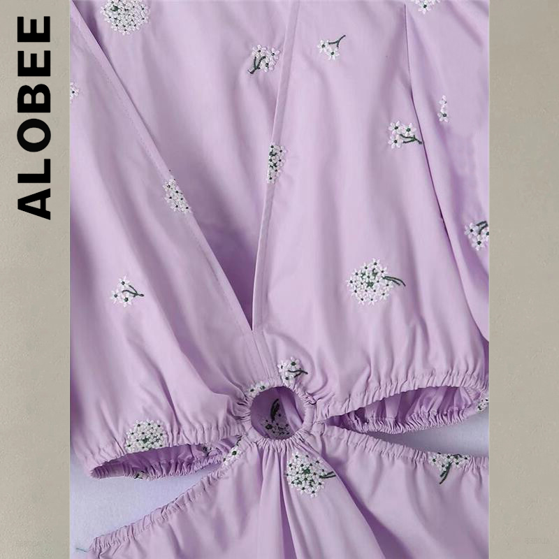 Alobee-vestido de popelina con bordado Floral para mujer, vestido Midi ahuecado, manga abombada, sin espalda, suave