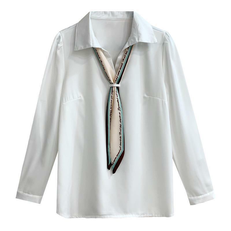 Witte Chiffon Blouse Tops Casual Losse Kantoor Dame Shirt Met Stropdas Mode Vrouwen Kleding Revers Lange Mouwen Truien Plus size