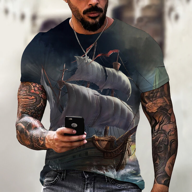 빈티지 남성 선박 티셔츠 3D 인쇄 해적선 크루 넥 반팔 티셔츠 남성용 오버 사이즈 탑스 티 셔츠 옴므 카미 세타
